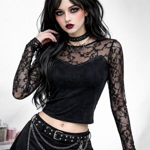 Black Lace Sheer Long Sleeve Top Size XS Gothic Witchy Y2K Embroidered Edgy Dark